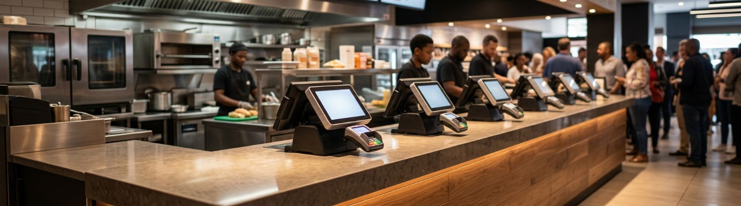 Quick-service restaurant counter with payment terminals