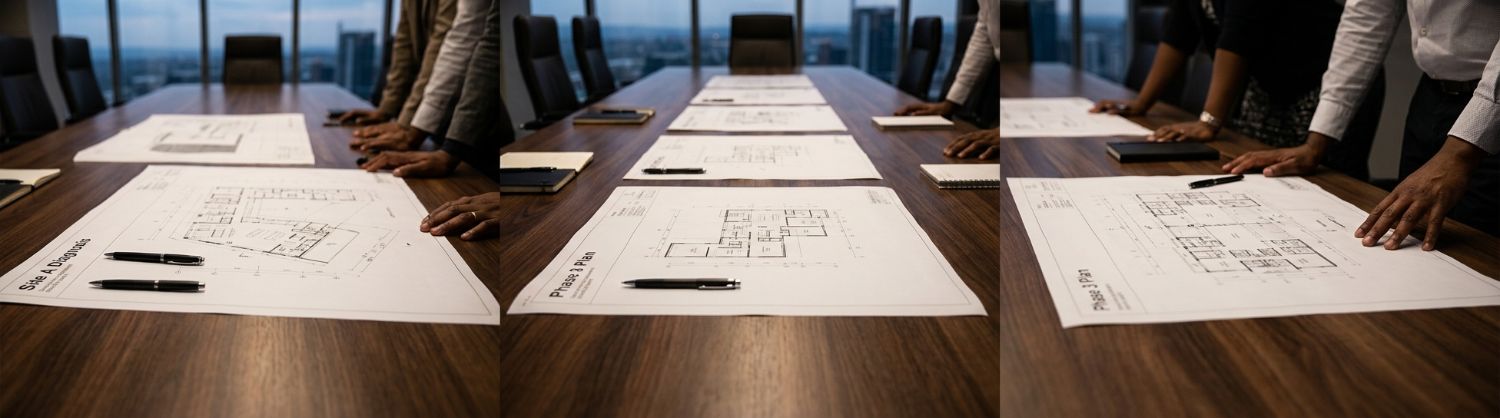 Colleagues reviewing floor plans around a boardroom table